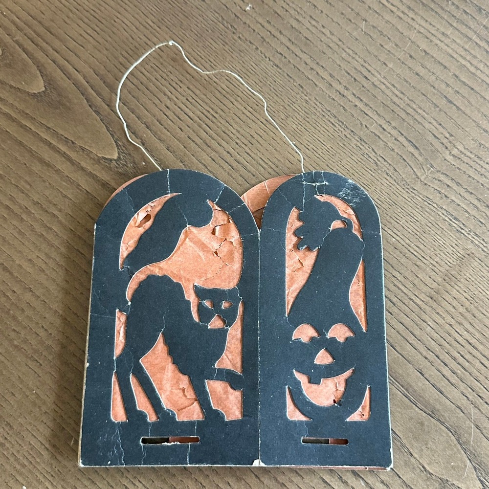 Vintage German Halloween Witch and Black Cat Crepe 6'' Lantern *READ*
